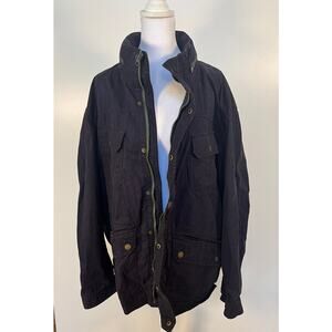 Vintage Orvis Chore Coat Jacket Size XL Denim Utility Hideaway Hood BLUE